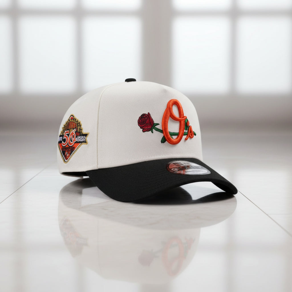 Baltimore Orioles 50th Anniversary Rose Chrome 9FORTY A-Frame Snapback