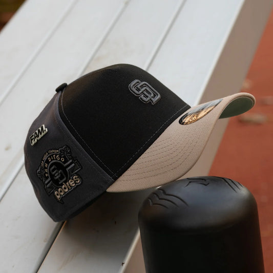 FAM Exclusive — San Diego Padres Graphite Two Tone Leather Tan 9FORTY A-Frame Snapback